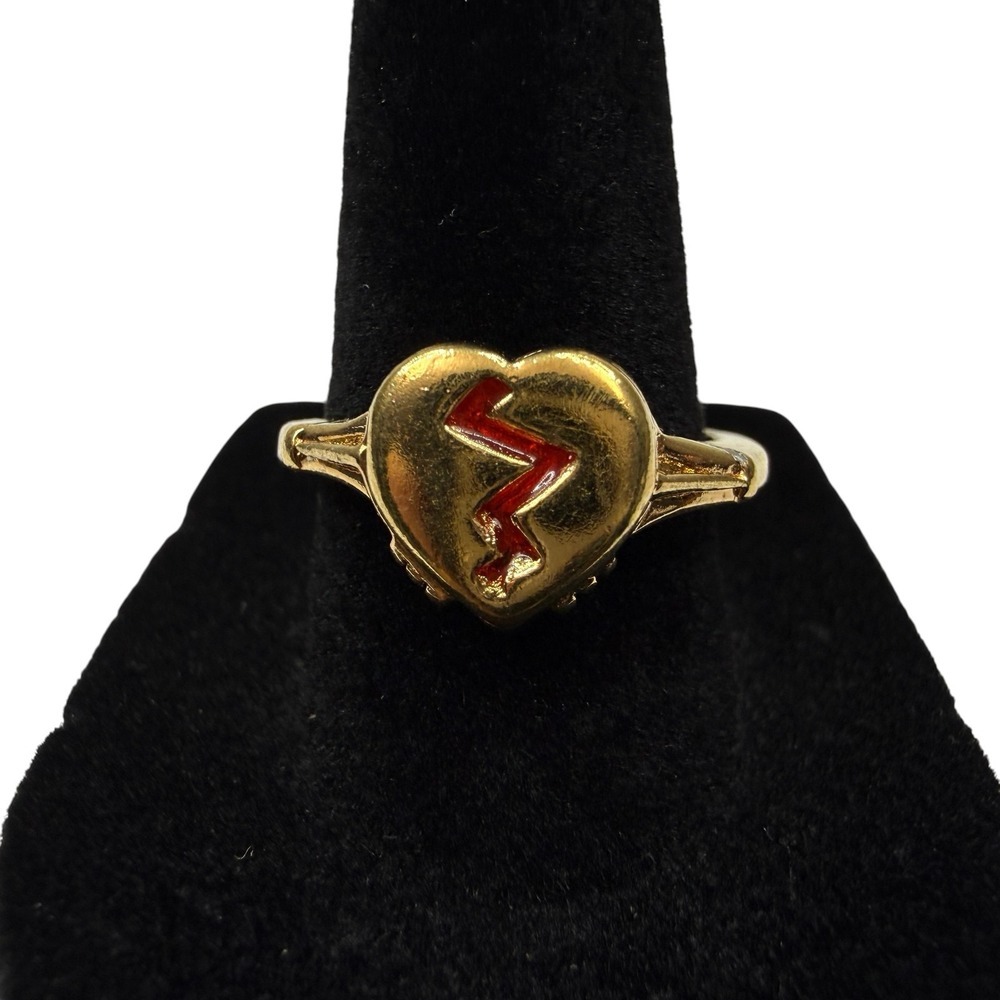 Vintage 1988 18KT GE Gold Plated Broken Heart Lightning Bolt Enamel Ring Sz 7.5